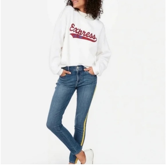 Express Blue Skinny Jeans with Yellow Stripe - Picture 3 of 9